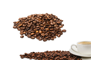 Cup of coffee and coffee beans.