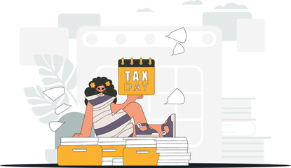 Graceful girl holds a calendal in her hand. TAX day. Graphic illustration on the theme of tax payments.