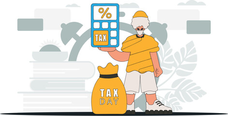 A fashionable man holding a calculator in his hand An illustration demonstrating the importance of paying taxes for the development of the economy.
