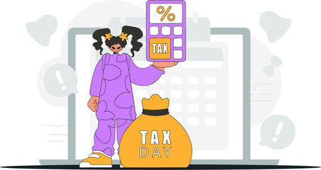 An elegant woman holds a calculator in her hand Graphic illustration on the theme of tax payments.
