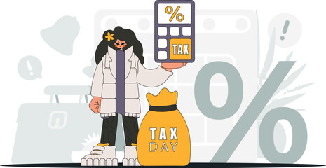 An elegant woman holds a calculator in her hand An illustration demonstrating the importance of paying taxes for the development of the economy.