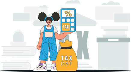 A fashionable woman holds a calculator in her hand Graphic illustration on the theme of tax payments.