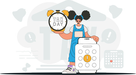 Fashionable woman with calendar and alarm clock. Graphic illustration on the theme of tax payments.