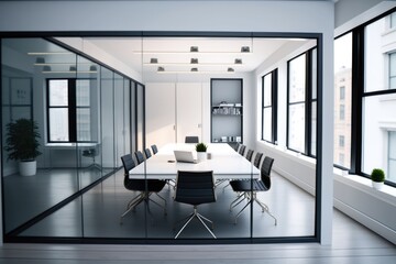 Interior of office space with windows, table and chairs, created using generative ai technology
