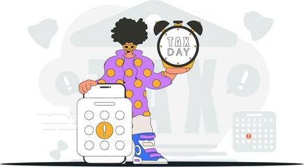 Fashion man with calendar and alarm clock. Graphic illustration on the theme of tax payments.