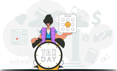 Graceful man with a calendar and an alarm clock. Graphic illustration on the theme of tax payments.