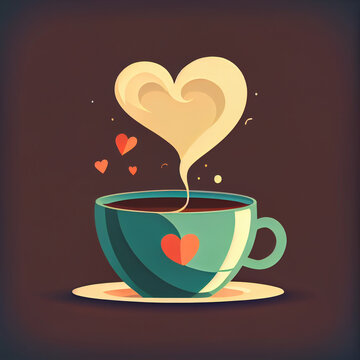 a cup of coffee, heart symbol, cartoon style, flat design, generative ai