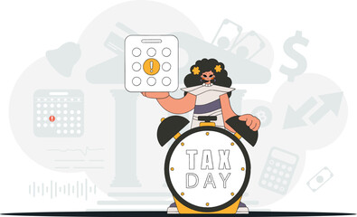 Graceful woman with calendar and alarm clock. Graphic illustration on the theme of tax payments.