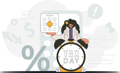 Graceful woman with calendar and alarm clock. An illustration demonstrating the importance of paying taxes for economic development.