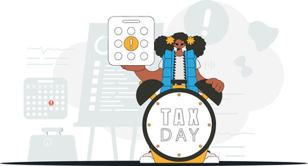 Elegant woman with calendar and alarm clock. Graphic illustration on the theme of tax payments.