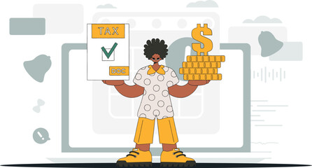 A cultured man is holding a tax form and coins in his hands. An illustration demonstrating the correct payment of taxes.