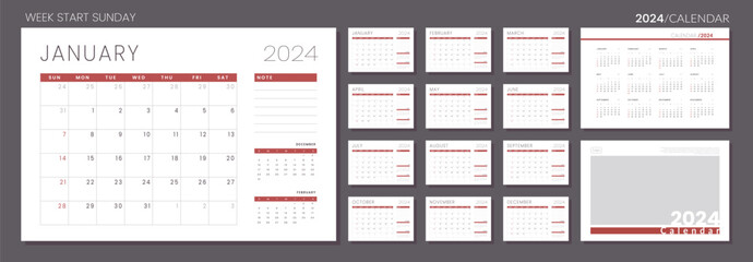2024 Calendar Planner Template. Vector layout of a wall or desk simple calendar with week start sunday. Set of monthly, annual and cover page calendar. Minimalist corporate calendar design for print.