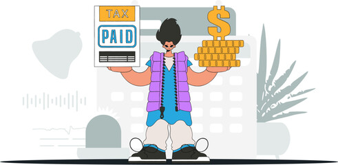 An elegant man holds a tax form and coins in his hands. Graphic illustration on the theme of tax payments.