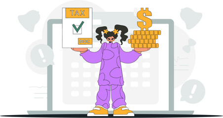 Gorgeous woman holds a tax form and coins in her hands. An illustration demonstrating the importance of paying taxes for economic development.