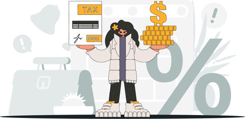 An elegant woman is holding a tax form and coins in her hands. Graphic illustration on the theme of tax payments.