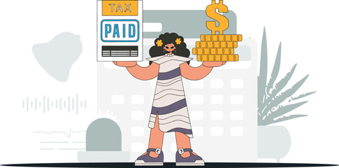 An elegant woman is holding a tax form and coins in her hands. An illustration demonstrating the importance of paying taxes for economic development.