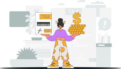 Fashionable woman holding a tax form and coins in her hands. Graphic illustration on the theme of tax payments.