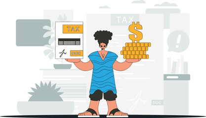 A fashionable man holds a tax form and coins in his hands. An illustration demonstrating the correct payment of taxes.