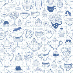 Seamless pattern with tea party in English style on lined paper background. Tea cups, teapots, bakery, flowers.