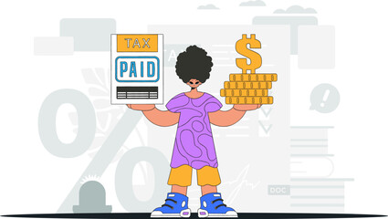 A graceful man holds a tax form and coins in his hands. Graphic illustration on the theme of tax payments.