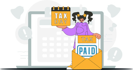 Gorgeous girl holds a calendal in her hand. TAX day. Graphic illustration on the theme of tax payments.