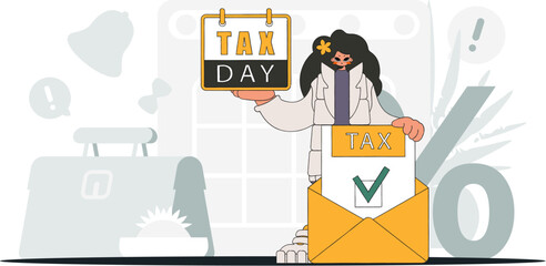Trendy girl holds a calendar in her hand. TAX day. Graphic illustration on the theme of tax payments.
