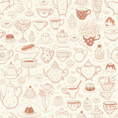 Seamless pattern with tea party in English style. Tea cups, teapots, bakery, flowers in warm colors. Can be used for wallpaper, pattern fills, textile, web page background, surface textures.