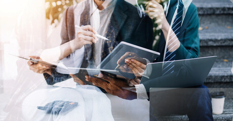 Fototapeta premium Young adult happy smiling Hispanic Asian student wearing headphones talking on online chat meeting using laptop in university campus or at virtual office. College female student learning remotely.