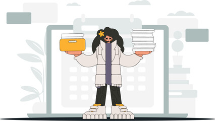 A well-dressed woman holds stacks of documents in her hands. An illustration demonstrating the importance of paying taxes for economic development.