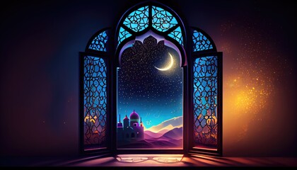 Mystical window with crescent moon in night sky. generative Ai