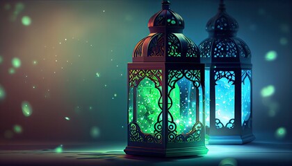 Ramadan Kareem greeting card. Arabic lanterns with glowing lights. Generative Ai.