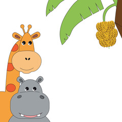 Giraffe Hippopotamus and Banana Tree Illustration Detail