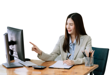 Asian businesswoman working in the office with working notepad, tablet and laptop documents .PNG