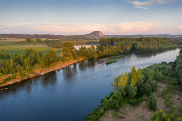 View of Toratau Mount from the Belaya River. Aerial view.