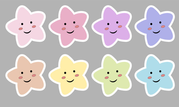 Naklejki kawaii Cute stars Pastel with smile Faces cartoon on gray Background for kids. illustration Vector. cute star cartoon stickers vector set.