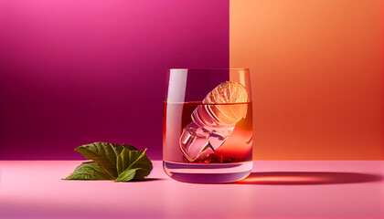 Pink alcoholic summer cocktail on a modern pink background with sunlight from the window, ai generative