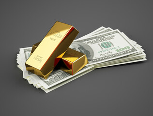 dollar with golden bars as finance wealth or savings concept. pile of us banknote and gold. money rich, isolated on a grey background. 3d rendering