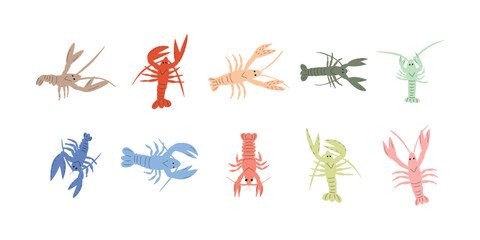 Crayfish Character sea animal on deep background. Wild life illustration. Underwear world. Vector illustration.