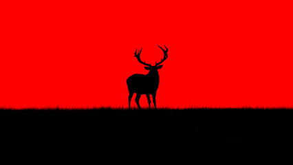 deer silhouette at sunset obn red background, high contrast, cervus elaphus