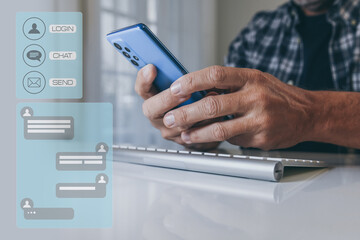 Social media chat concept. Communication with laptop computer. Virtual meet, online internet contact