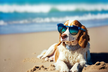 Funny dog is sunbathing on sandy shore of beautiful ocean. Summer vacation concept. Generative AI illustration