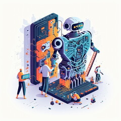 Science robot building technology vector illustration, engineers programming bot, Made by AI,Artificial intelligence