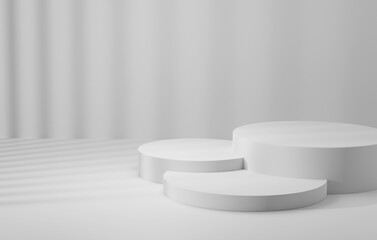 Cylindrical white podium base on abstract white background.