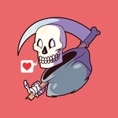 Reaper character holding a scythe vector illustration. Funny, scary, mascot design concept.