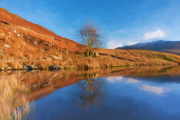 Digital painting of Llyn y Dywarchen, and Snowdon in the Snowdonia National Park, Wales.