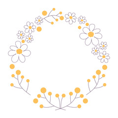 Floral wreath with naive doodle flowers. Hand drawn chamomile, yellow branches. Round frame isolated on transparent background. Spring, summer template. PNG illustration