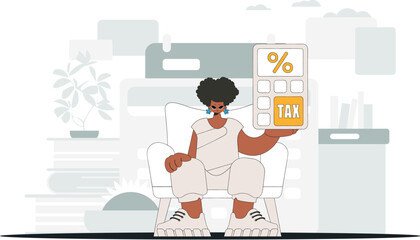 A graceful woman holds a calculator in her hand An illustration demonstrating the importance of paying taxes for the development of the economy.