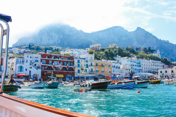 Beautiful landscape view on marina grande boats in Capri island, Italy