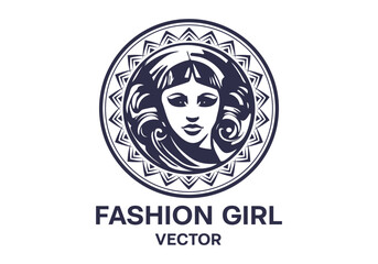 Vector monochrome logo, portrait of a fashion girl with a gorgeous hairstyle in a circle. White isolated background. Sticker, emblem or icon.