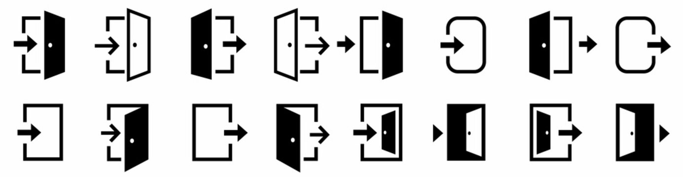 Door icon set. Open the door icon. Door front vector icon. Vector illustration